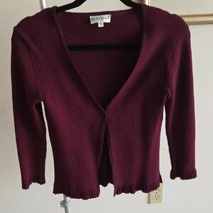 bebe Wine Ribbed V-Neck Cardigan with Ruffle Hem